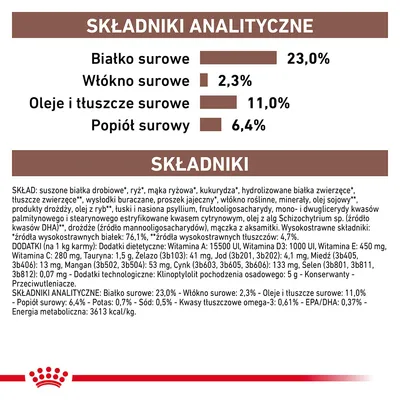 Analiza składu: białko surowe 23,0 %, włókno surowe 2,3 %, oleje i tłuszcze surowe 11,0 %, popiół surowy 6,4 %. Skład: suszone białka drobiowe, ryż, mąka ryżowa, kukurydza, dodatki witaminowe.
