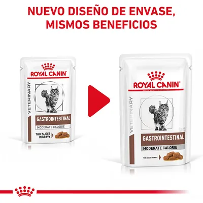 Royal Canin Gastrointestinal Moderate Calorie para gatos, nuevo diseño de envase mostrado junto al anterior. Texto: 'Nuevo diseño de envase, mismos beneficios'.