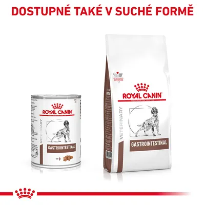 ROYAL CANIN GASTROINTESTINAL VETERINARY konzerva a pytel krmiva pro psy, nápis: Dostupné také v suché formě