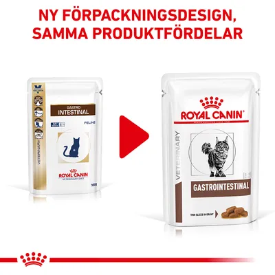 Ny förpackningsdesign för Royal Canin Gastro Intestinal kattmat visas, med gammal och ny påse samt texten: Ny förpackningsdesign, samma produktfördelar.