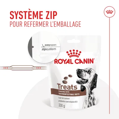 SYSTÈME ZIP POUR REFERMER L’EMBALLAGE, easyopen zipsystem. Royal Canin Treats compatible with gastrointestinal diets, 230 g, low fat content, prebiotics and vitamin B12.