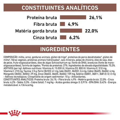 Constituintes analíticos: proteína bruta 26,1 %, fibra bruta 4,9 %, matéria gorda bruta 22,0 %, cinza bruta 6,2 %. Ingredientes e aditivos detalhados visíveis na imagem.
