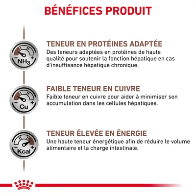 BÉNÉFICES PRODUIT : teneur en protéines adaptée, faible teneur en cuivre, teneur élevée en énergie. Explications détaillées sur chaque bénéfice visibles dans l’image.