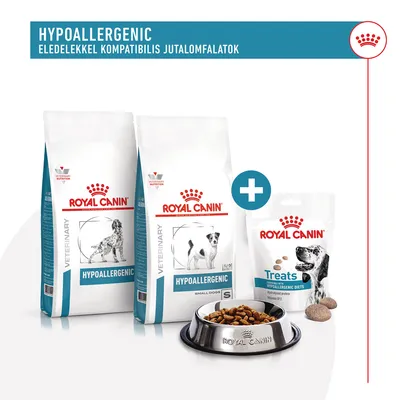 Royal Canin Hypoallergenic kutyatáp két kiszerelésben, Royal Canin Treats jutalomfalat csomag, fém etetőtál száraztáppal. Felirat: HYPOALLERGENIC, eledellel kompatibilis jutalomfalatok.