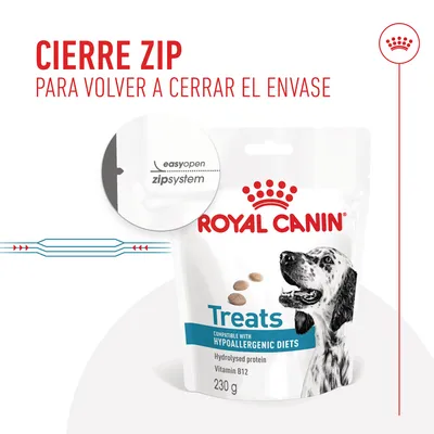 ROYAL CANIN Treats, compatible with hypoallergenic diets, proteína hidrolizada, vitamina B12, 230 g. Cierre zip easyopen zipsystem para volver a cerrar el envase.