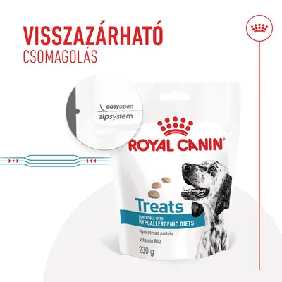 Visszazárható csomagolás, Royal Canin Treats kutyajutalomfalat, easyopen zipsystem, 230 g, hydrolysed protein, vitamin B12, compatible with hypoallergenic diets feliratok láthatók.