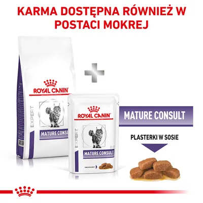 Royal Canin Expert Mature Consult karma dla kotów, dostępna w postaci suchej i mokrej. Plasterki w sosie. Widoczne opakowania obu wariantów.
