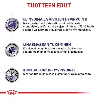 TUOTTEEN EDUT: Elinvoima ja aivojen hyvinvointi, lihasmassan tukeminen, ihon ja turkin hyvinvointi. Sisältää ravintoaineita elintoiminnoille, lihaksille sekä turkille ja iholle.