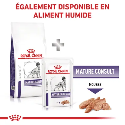Royal Canin Expert Mature Consult pour chiens, croquettes et aliment humide en sachet, texte visible : ÉGALEMENT DISPONIBLE EN ALIMENT HUMIDE, MATURE CONSULT, MOUSSE.