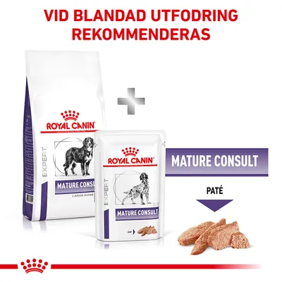 Royal Canin Expert Mature Consult torrfoderpåse och våtfoderpåse, text: Vid blandad utfodring rekommenderas. Paté visas bredvid förpackningarna.