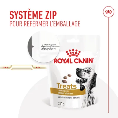 ROYAL CANIN Treats 230 g, compatible with urinary S/O diets, système zip easyopen zipsystem pour refermer l’emballage, contenu minéral optimisé. Texte en anglais et français visible.