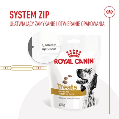 System zip ułatwiający zamykanie i otwieranie opakowania. Opakowanie Royal Canin Treats 230 g, napis easyopen zipsystem.