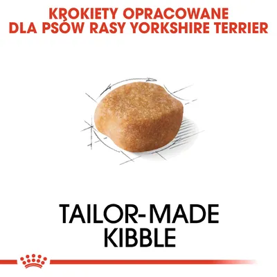 Krążek karmy. Tekst: KROKIETY OPRACOWANE DLA PSÓW RASY YORKSHIRE TERRIER, TAILOR-MADE KIBBLE.