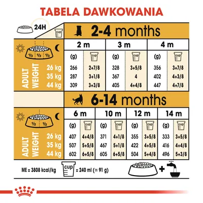 Tabela dawkowania karmy dla psów: ilości w gramach i kubkach według wieku (2–14 miesięcy) oraz docelowej masy dorosłego psa (26, 35, 44 kg). Kubek = 240 ml ≈ 91 g.