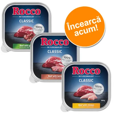 Trei conserve Rocco Classic: Beef with game, Beef with lamb, Beef with chicken, 300 g. Etichetă: 100% fresh ingredients & grain-free. Bulină portocalie cu text: Încearcă acum!