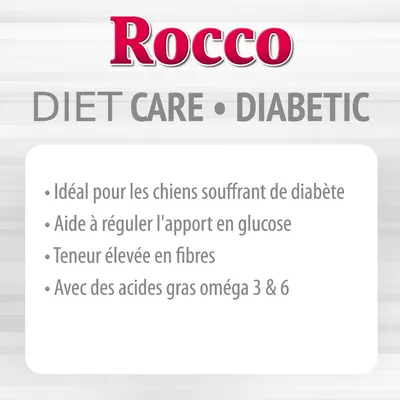 Rocco DIET CARE DIABETIC. Idéal pour les chiens souffrant de diabète, aide à réguler l'apport en glucose, teneur élevée en fibres, avec des acides gras oméga 3 & 6.