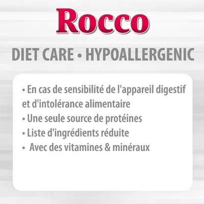 Rocco DIET CARE HYPOALLERGENIC : en cas de sensibilité digestive ou d'intolérance alimentaire, une seule source de protéines, liste d'ingrédients réduite, avec vitamines et minéraux.