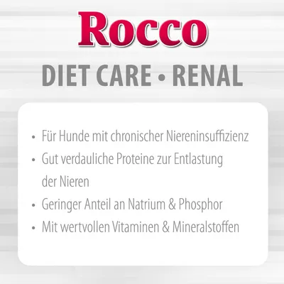 Rocco DIET CARE RENAL. Texte en allemand : Für Hunde mit chronischer Niereninsuffizienz, gut verdauliche Proteine zur Entlastung der Nieren, geringer Anteil an Natrium & Phosphor, mit wertvollen Vitaminen & Mineralstoffen.