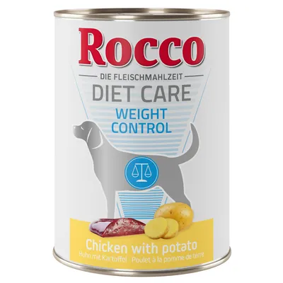 Boîte Rocco Diet Care Weight Control, Chicken with potato, Poulet à la pomme de terre. Illustration d’un chien, balance et morceaux de poulet et pommes de terre visibles sur l’étiquette.