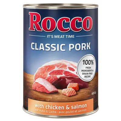 Rocco Classic Pork, 400g dåse. Med kylling og laks, 100% friske ingredienser, kornfri opskrift.