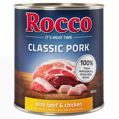 Rocco Classic Pork, med oksekød og kylling, 800g dåse. 100% friske ingredienser og kornfri opskrift.