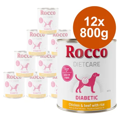 Rocco Diet Care Diabetic, κοτόπουλο & βοδινό με ρύζι, υψηλή περιεκτικότητα σε φυτικές ίνες, 12x800g κονσέρβες. Ειδική τροφή για σκύλους με διαβήτη.