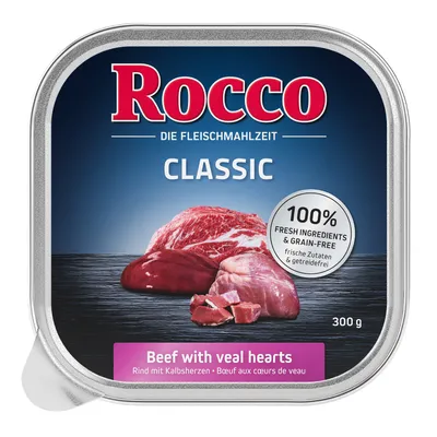 Rocco Classic, the meat meal. Beef with veal hearts. 100% fresh ingredients and grain-free. 300g can.