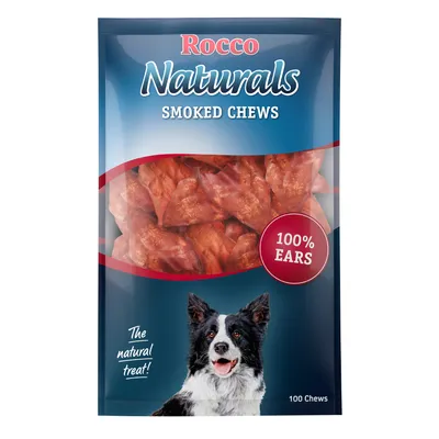 Rocco Naturals Smoked Chews, sachet contenant des friandises fumées pour chien, texte visible : 100% EARS, The natural treat!, 100 Chews.