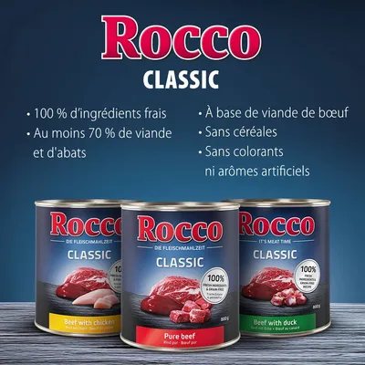 Rocco Classic – 100 % d’ingrédients frais, au moins 70 % de viande et d’abats, à base de bœuf, sans céréales, sans colorants ni arômes artificiels. Variétés : bœuf-poulet, bœuf pur, bœuf-canard.