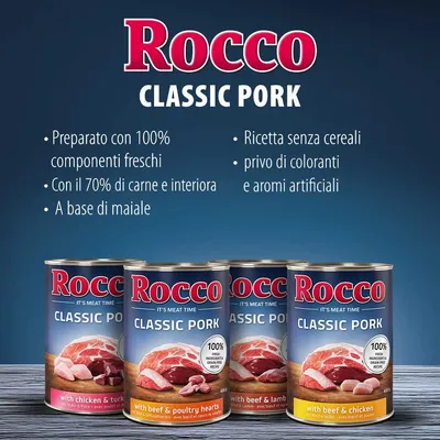 Rocco Classic Pork, preparato con 100% componenti freschi, 70% carne e interiora, a base di maiale, ricetta senza cereali, privo di coloranti e aromi artificiali. Testo in inglese presente.