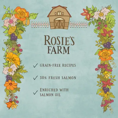 Rosie's Farm. Grain-free recipes, 30% fresh salmon, enriched with salmon oil.