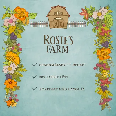 Rosie's Farm. Spannmålsfritt recept, 30 % färskt kött, förfinat med laxolja. Texten är på svenska.
