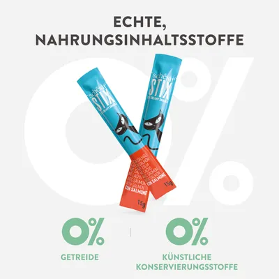 Schesir Stix mit Lachs, echte Nahrungsinhaltsstoffe, 0% Getreide, 0% künstliche Konservierungsstoffe.