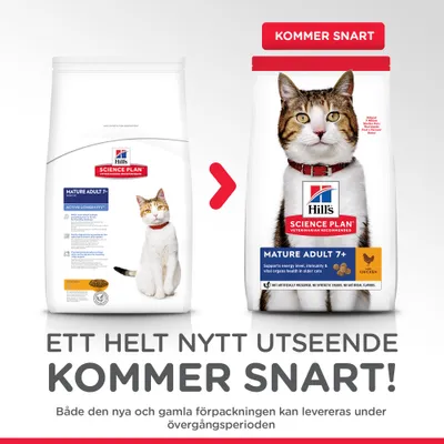 Hill's Science Plan Mature Adult 7+ kattmat, kyckling. Bild visar gammal och ny förpackning med texten 'Ett helt nytt utseende kommer snart!'. Båda kan levereras under övergångsperioden.