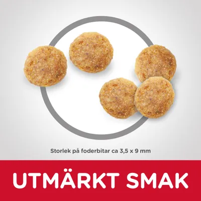 Foderbitar, storlek ca 3,5 x 9 mm. Text: UTOMRÄKT SMAK.