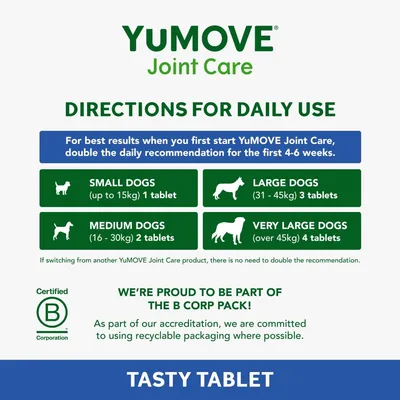 Daily directions: small dogs up to 15kg, 1 tablet; medium 16-30kg, 2 tablets; large 31-45kg, 3 tablets; very large over 45kg, 4 tablets. Double dose for first 4-6 weeks.