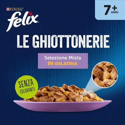 Purina Felix Le Ghiottonerie Selezione Mista in Gelatina, 7+ anni, senza coloranti. Immagine di bocconcini su piatto viola.
