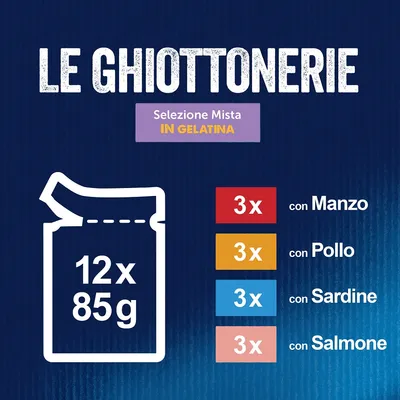 Le Ghiottonerie Selezione Mista in Gelatina, 12x85g: 3x con manzo, 3x con pollo, 3x con sardine, 3x con salmone.