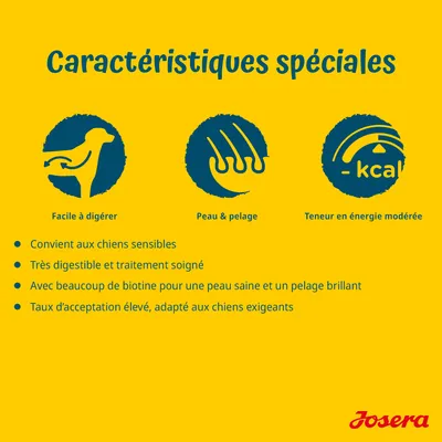 Caractéristiques spéciales : facile à digérer, peau & pelage, teneur en énergie modérée. Convient aux chiens sensibles, très digestible, riche en biotine, taux d’acceptation élevé. Josera.