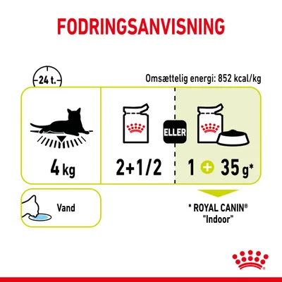 Fodringsanvisning for kat på 4 kg: 2½ portionsposer eller 1 portionspose plus 35 g tørfoder pr. døgn. Omsættelig energi: 852 kcal/kg. Vand anbefales. Royal Canin Indoor.
