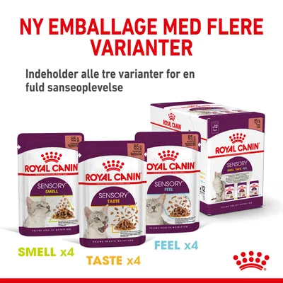 Royal Canin Sensory kattefoder, ny emballage med tre varianter: Smell x4, Taste x4, Feel x4. Pakke med 12 poser à 85 g. Indeholder alle tre varianter for en fuld sanseoplevelse.