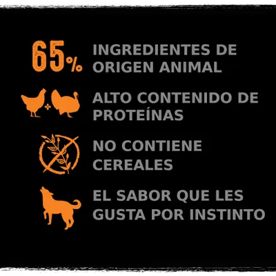 65 % ingredientes de origen animal, alto contenido de proteínas, no contiene cereales, el sabor que les gusta por instinto. Texto en español con iconos de pollo, pavo y perro.