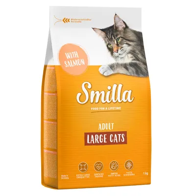 Smilla Adult Large Cats med laks, genlukkelig emballage, indeholder taurin, omega-fedtsyrer og Yucca Schidigera. Ekstra store kroketter. Made in Germany. 1 kg.