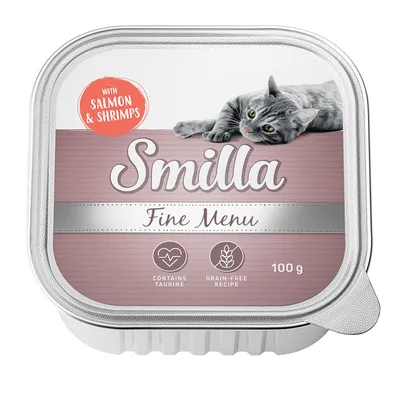 Envase de comida para gatos Smilla Fine Menu, 100 g. Texto visible: With salmon & shrimps, contains taurine, grain-free recipe. Imagen de un gato gris en la parte superior.