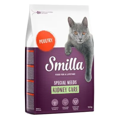 Smilla Special Needs Kidney Care cat food, poultry, 10 kg. Visible text: supports kidneys, contains taurine, sensitive urinary tracts. Image of a grey cat on the packaging.