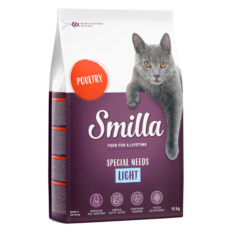 Συσκευασία Smilla Special Needs Light για γάτες, Poultry, 10 kg. Ενδείξεις: reduced fat content, omega fatty acids, contains taurine, yucca schidigera. Food for a lifetime.