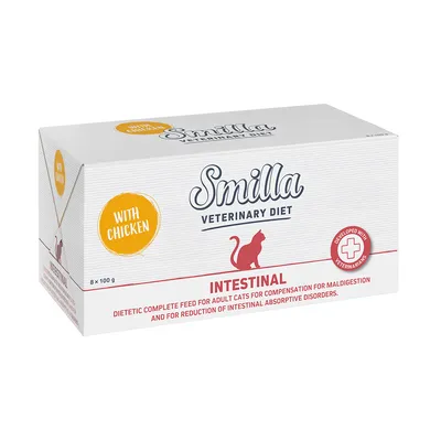 Smilla Veterinary Diet Intestinal, diætisk fuldfoder til voksne katte, med kylling, udviklet med dyrlæger, 8 x 100 g.