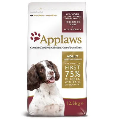 Applaws Adult hondenvoer 12,5 kg, 75% kip met lam, zonder granen, actieve probiotica. Voor kleine en middelgrote rassen. Tekst in het Engels op de verpakking.