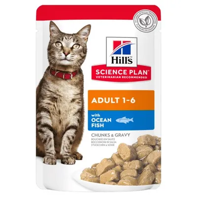 Hill's Science Plan Adult 1-6 with ocean fish, chunks and gravy. Veterinarian recommended. No artificial preservatives, flavours or colours.