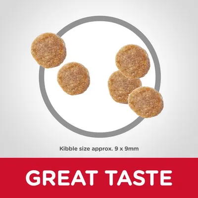 Five round kibbles shown with text stating kibble size approximately 9 by 9 millimetres and the phrase 'Great Taste' below.